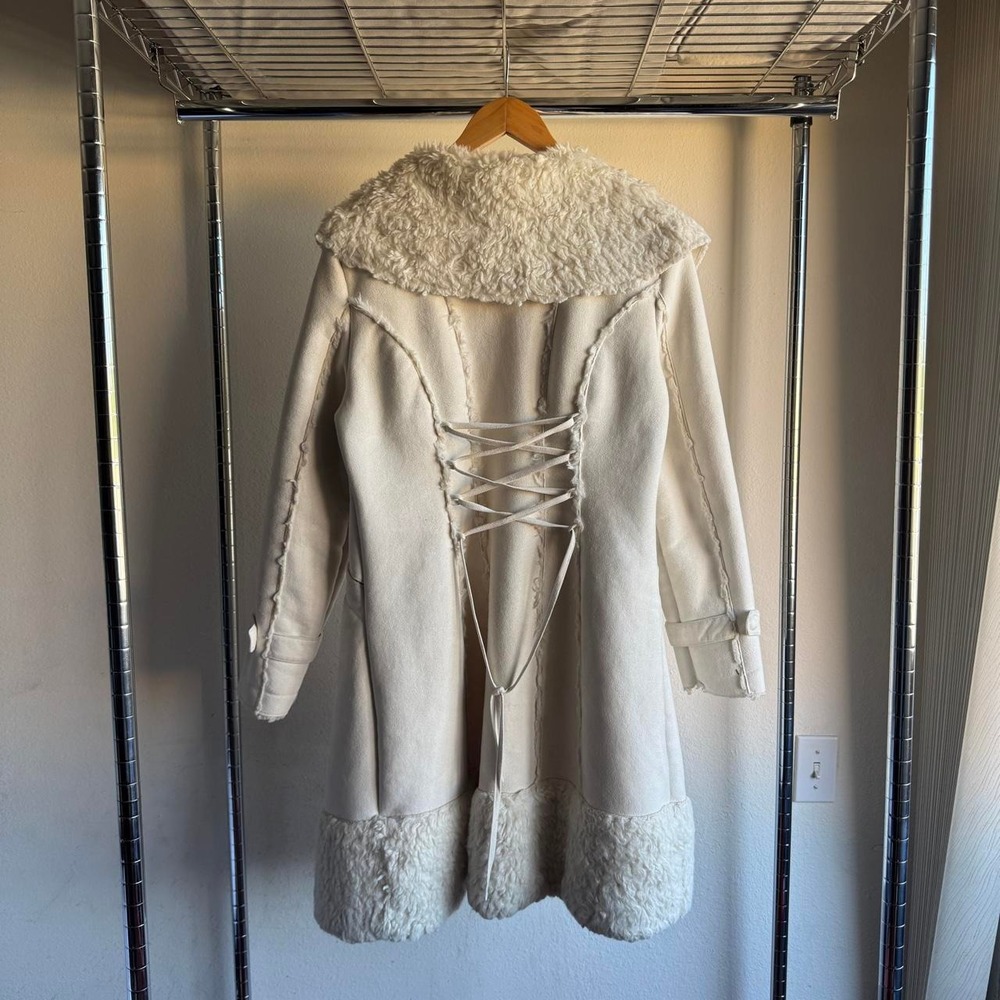 Bebe Cream Faux Shearling Penny Lane Afghan Coat Y2K Boho Corset Back Large - Picture 6 of 8